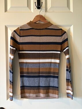 New Look Striped Ribbed Knit Top - Tan, Navy, White